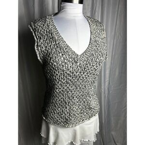 7 For All Mankind Womens Black White Italian Yarn Knit Sweater Vest V-Neck